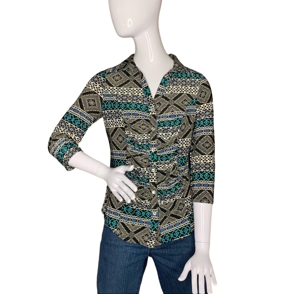ICY Women Blouse Size M Multicolor 3/4 Sleeve Crystal Button Down